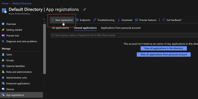 Screenshot of the app registration blade in azure AD, with the new registration button highlighted.