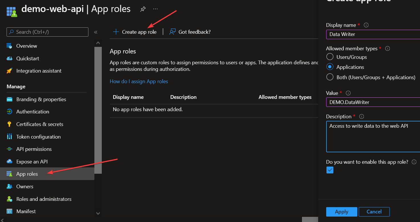 Screenshot of the app registration blade in azure AD, showing the new app role blade.