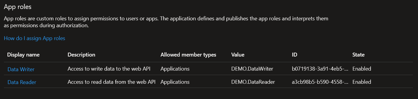 Screenshot of the app registration blade in azure AD, showing the created app roles.