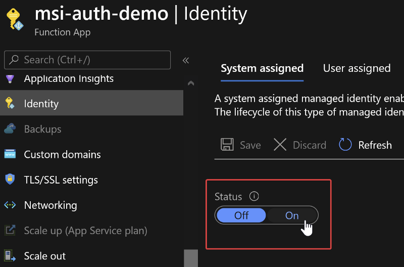 Screenshot of the azure function app, showing how to enable the identity blade by switching the status to on.