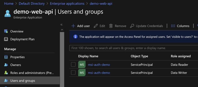 Screenshot of the demo api enterprise application with the data reader/writer roles assigned to the azure function.