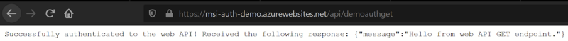 Screenshot of a success message from the function authenticating to the web api.